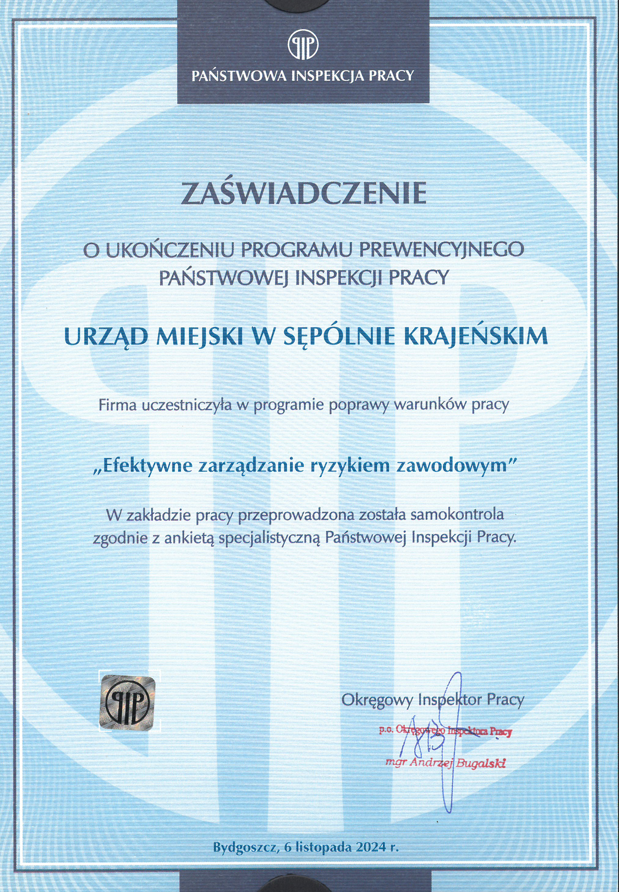 Urząd Miejski w Sępólnie Krajeńskim uczestniczył w programie prewencyjnym „Efektywne zarządzanie ryzkiem zawodowym”